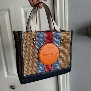 Coach Tan and Blue Woven Tote Bag